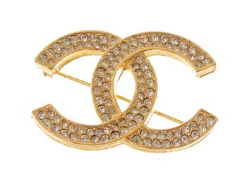 推荐Chanel Vintage Gold-tone Metal CC Rhinestone Brooch商品