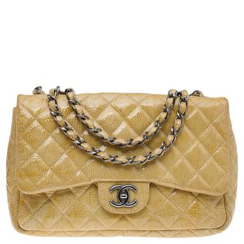 chanel包, [二手商品] Chanel | Chanel Yellow Crinkled Quilted Patent Leather Jumbo Single Flap Bag商品图片 4折