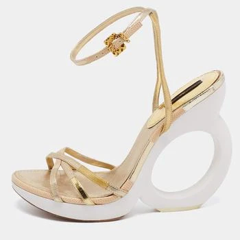 推荐Louis Vuitton Gold Leather Round Wedge Ankle Strap Sandals Size 39商品