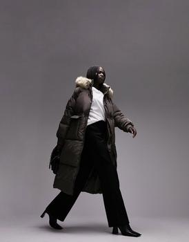 Topshop | Topshop longline puffer coat in faux fur trim hood in grey商品图片,