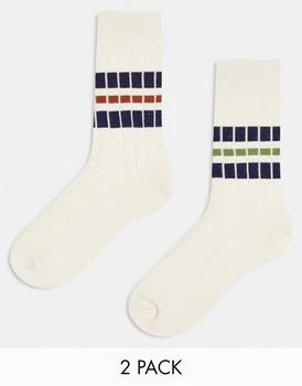 ASOS | ASOS DESIGN 2 pack wide rib socks in off white with stripes 