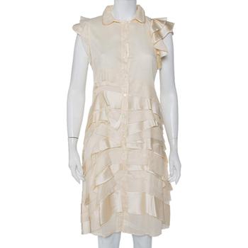 [二手商品] Prada | Prada Cream Silk Detachable Collar Detail Ruffled Shirt Dress M商品图片,2.8折