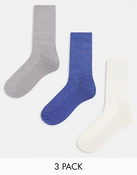 ASOS | ASOS DESIGN 3 pack sports sock in blue, grey and cream with twisted yarn 5.8折