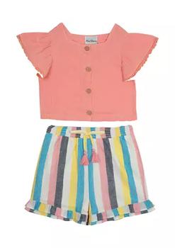 推荐Toddler Girls Gauze Flutter Sleeve Top and Stripe Shorts Set商品