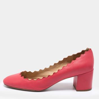 chloé鞋评价, [二手商品] Chloé | Chloe  Pink Leather Lauren Scallop Trim Block Heel Pumps Size 38.5商品图片 8.8折