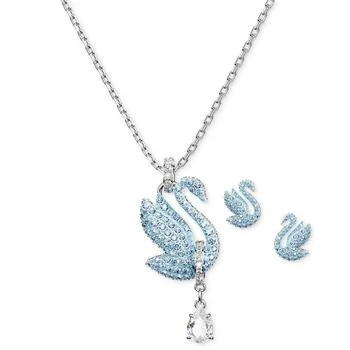 Swarovski | Silver-Tone 2-Pc. Set Blue & White Crystal Iconic Swan Pendant Necklace & Matching Stud Earrings 
