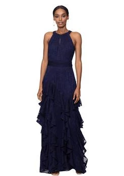 XSCAPE | Womens Halter Neck Sleeveless Ruffle Fit And Flare Chiffon Gown,商家Belk,价格¥1387