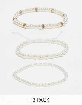 商品ASOS | ASOS DESIGN festival 3 pack faux pearl beaded bracelet set with gold tone beads,商家ASOS,价格¥62图片