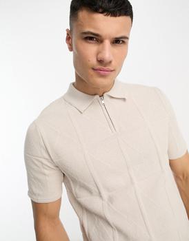 River Island | River Island diamond stitch polo in stone商品图片,