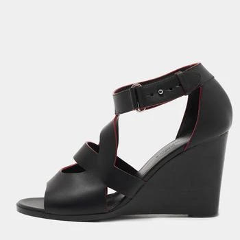 推荐Hermes Black Leather Mona Wedge Sandals Size 38商品
