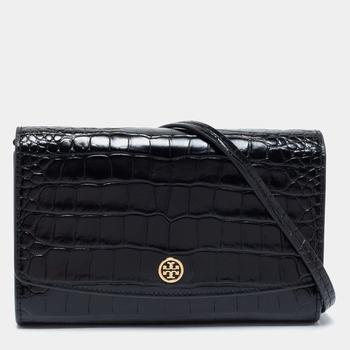 tory burch robinson, Tory Burch | Tory Burch Black Croc Embossed Leather Robinson Wallet on Chain商品图片 7.7折