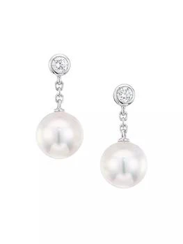 推荐18K White Gold, Diamond & 8MM White Round Akoya Pearl Drop Earrings商品
