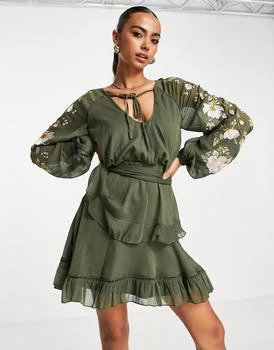 ASOS | ASOS DESIGN blouson sleeve tiered mini dress with cross stitch embroidery detail and tie in khaki 5.4折