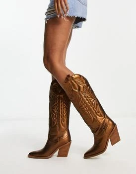 推荐Bronx New Kole western knee boots in metallic bronze leather商品