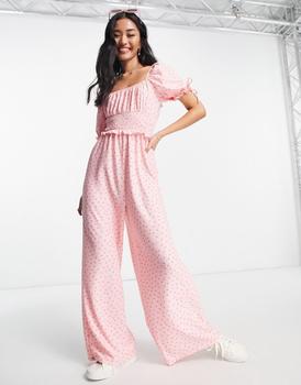product Miss Selfridge shirred puff sleeve jumpsuit in pink spot image