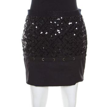 lv女装, [二手商品] Louis Vuitton | Louis Vuitton Black Sequin Grid Embellished Eyelet Lace Paneled Mini Skirt S商品图片 3.8折