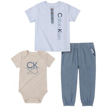 ck鞋推荐, Calvin Klein | Baby Boys Henley T-shirt, Heather Bodysuit and Chambray Joggers, 3 Piece Set商品图片 