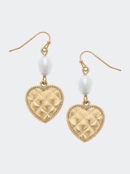 商品Andee Pearl & Quilted Metal Heart Drop Earrings In Worn Gold图片