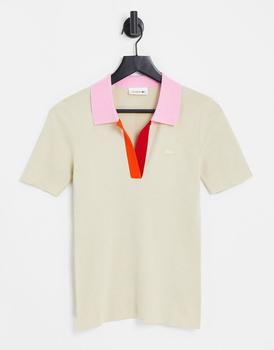 推荐Lacoste logo polo shirt in stone with red and pink trim商品