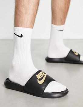 NIKE | Nike Victori One rose gold logo slides in black商品图片,额外9.5折, 额外九五折