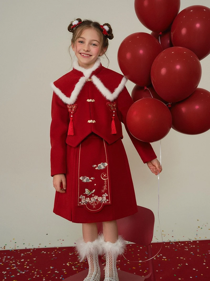 格岚云顿英国品牌高端系列女童冬季拜年服儿童过新年喜庆衣服女孩红色洋气套装中国风两件套