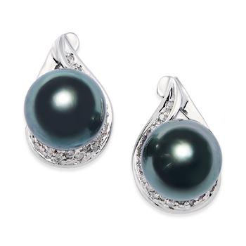 Macy's | Cultured Tahitian Black Pearl (9mm) and Diamond (1/6 ct. t.w.) Earrings in 14k White Gold商品图片,5折×额外8折, 额外八折