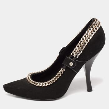 lv高跟鞋, [二手商品] Louis Vuitton | Louis Vuitton  Black Suede Chain Embellished Pointed Toe  Pumps Size 38商品图片 9.8折, 满1件减$100, 满减