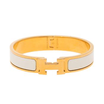 商品Hermes Clic H Gold Plate White Enamel Cuff Bracelet PM图片