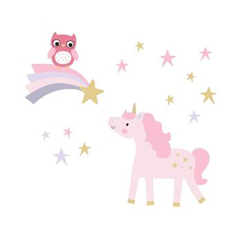 商品Bedtime Originals | Rainbow Unicorn with Owl and Stars Pink/Gold Wall Decals,商家Macy's,价格¥119图片