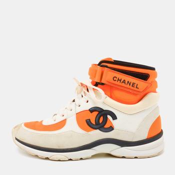 香奈儿鞋, [二手商品] Chanel | Chanel White/Orange Fabric And Leather CC High Top Sneakers Size 38商品图片 9.7折, 满1件减$100, 满减