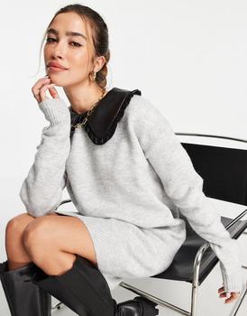 River Island | River Island knitted mini dress with faux leather collar detail in grey商品图片,6.9折