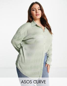 ASOS | ASOS DESIGN Curve oversized plisse shirt in khaki商品图片,