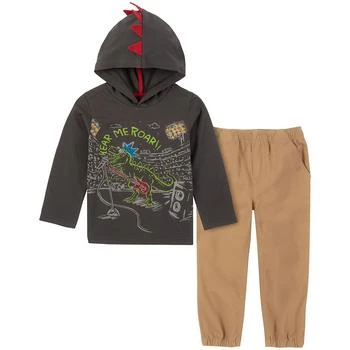 KIDS HEADQUARTERS | Little Boys Dinosaur Hood Long Sleeve Heather T-shirt and Twill Joggers, 2 Piece Set 4折