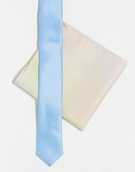 ASOS | ASOS DESIGN skinny tie in blue with ombre rainbow pocket square商品图片,6折×额外8折x额外9.5折, 独家减免邮费, 额外八折, 额外九五折