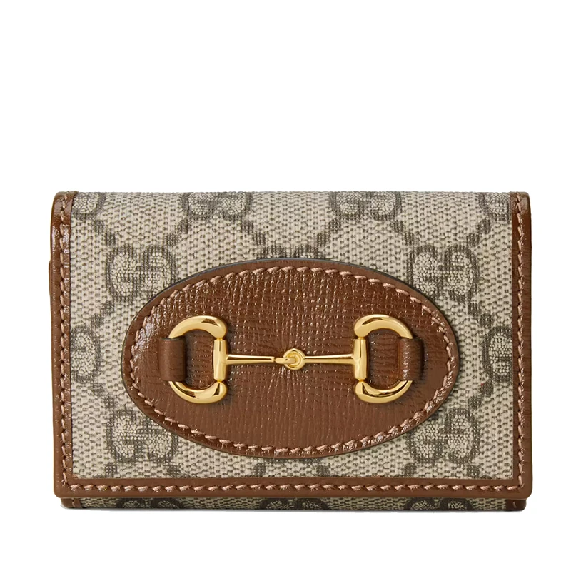 Gucci | 【现货】古驰 Horsebit 1955系列 女士米色/乌木色GG Supreme帆布棕色皮革滚边金色调配件折叠钥匙包,商家VP FRANCE,价格¥2267