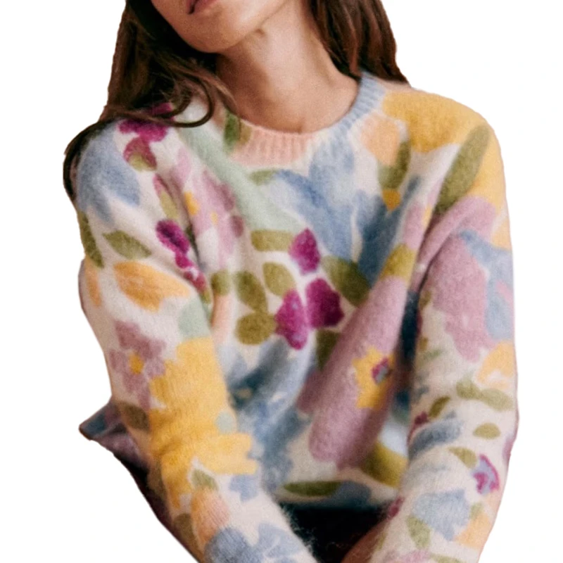推荐22新款 女士彩色花卉图案羊毛混纺长袖圆领马海毛毛衣商品