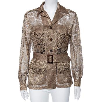 推荐Ralph Lauren Gold Lace Long Sleeve Button Front Belted Jacket M商品