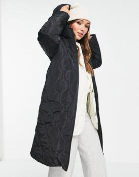 推荐Mango diamond quilted longline coat with hood in black商品