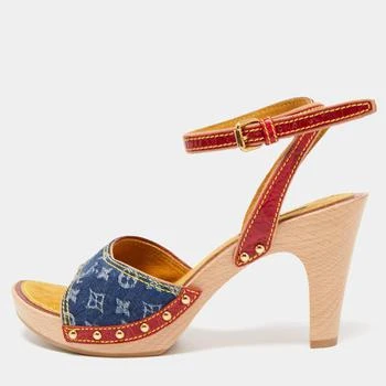 推荐Louis Vuitton Blue/Red Leather and Monogram Denim Ankle Strap Sandals Size 36.5商品