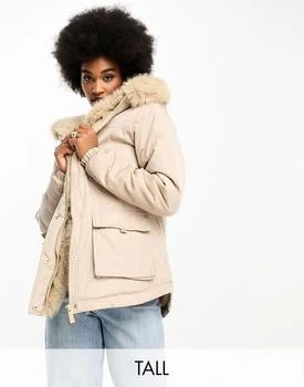 Threadbare Tall | Threadbare Tall Prune oversized parka jacket with faux fur trim hood in stone,商家ASOS,价格¥437