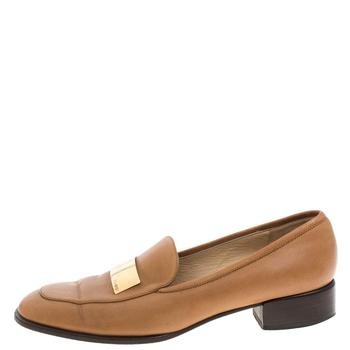 古驰高帮鞋, [二手商品] Gucci | Gucci Brown Leather Gold-Tone Logo Plate Block Heel Loafer Pumps Size 37.5商品图片 5.1折