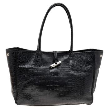 longchamp roseau, [二手商品] Longchamp | Longchamp Black Glaze Croc Embossed Leather Roseau Tote商品图片 