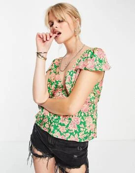 Topshop vintage style floral jacquard cap sleeve tea top in pink and green