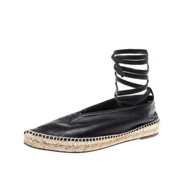 推荐Celine Black Leather Pointed Toe Ankle Wrap Espadrilles Flats Size 37商品