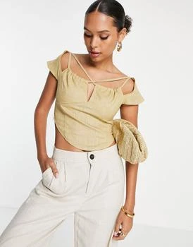 ASOS | ASOS DESIGN strappy cross neck top with capped sleeve and ruched keyhole detail in sand 5.5折