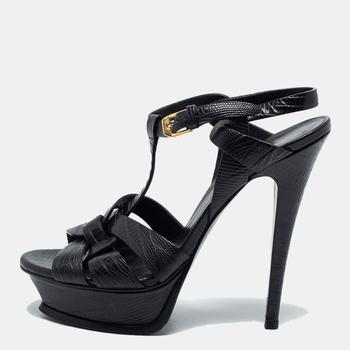 Yves Saint Laurent | Yves Saint Laurent Black Lizard Embossed Leather Tribute  Ankle Strap Sandals Size 37.5商品图片,6.2折