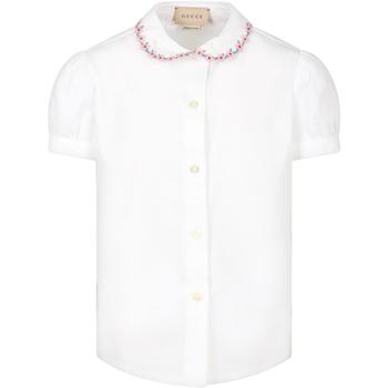 推荐Gucci White Shirt For Girl With Embroidered Flowers And Logo商品