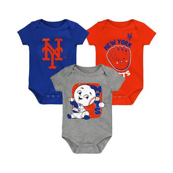 商品Newborn and Infant Boys and Girls Royal, Orange, Gray New York Mets Change Up 3-Pack Bodysuit Set图片