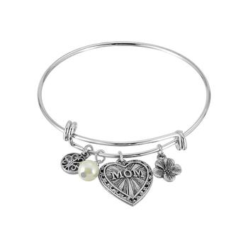 商品Pewter MOM Heart Flower Imitation Pearl Charm Bracelet图片
