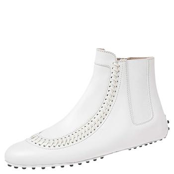 推荐Tod's White Leather Stitch Detail Ankle Boots Size 37商品